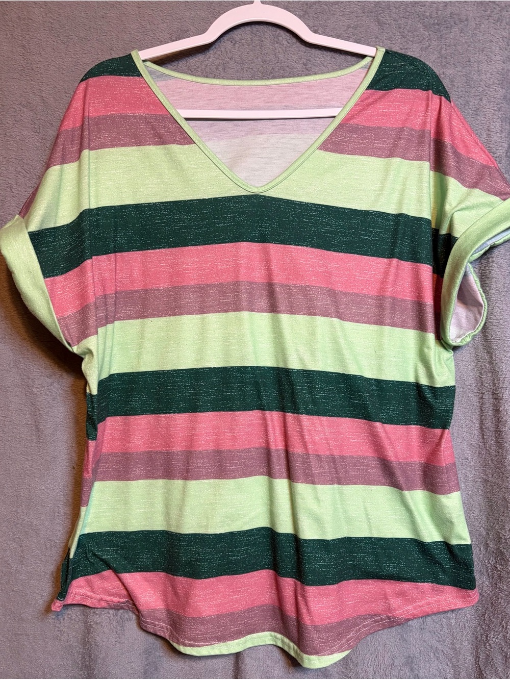 Unk Striped V-Neck Top in Pink, Light Green, and Dark Green